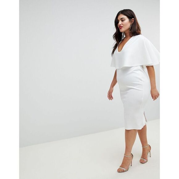 ASOS Curve Cape Plunge Midi Bodycon Dress white size 14 NWT - Picture 1 of 15